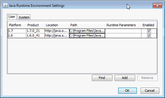 Java Runtime Environment Settings dialog